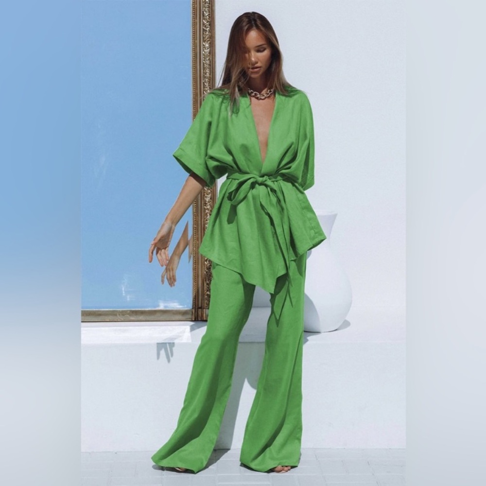 Commense NWT Linen blend Vibrant Green Pantsuit with self belt tie 🔥 Oversized S